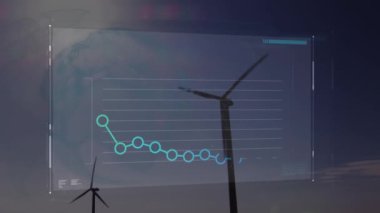 Mavi gökyüzünde dönen yel değirmenlerinin üzerinde veri işleme arayüzü. Küresel finans ve yenilenebilir enerji teknolojisi kavramı