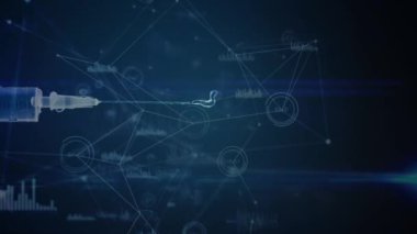 Veri işleme ve şırınga ile bağlantıların animasyonu. Küresel bilim, tıp ve sağlık hizmetleri kavramı dijital olarak üretilen video.