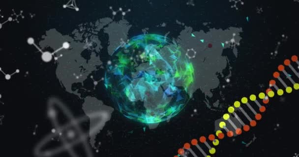 Dna鎖の回転や分子の世界地図上のアニメーション グローバルな科学 データ処理の概念デジタルで生成されたビデオ — ストック動画