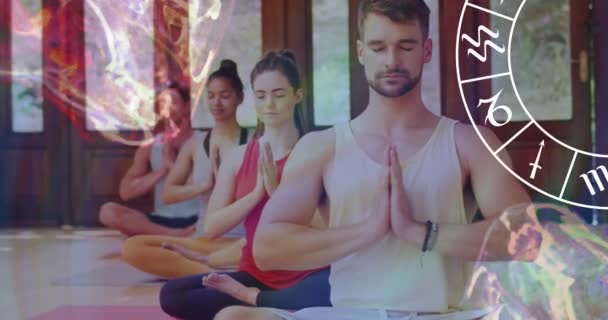 Animation Horoscope Zodiac Wheel Diverse People Practicing Yoga Star Signs — Stock Video