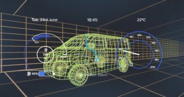Donanma arka planındaki elektrikli minibüs projesinde hız göstergesi animasyonu. elektrikli arabalar, eko güç, sürdürülebilirlik ve teknoloji konsepti dijital olarak üretilen video.