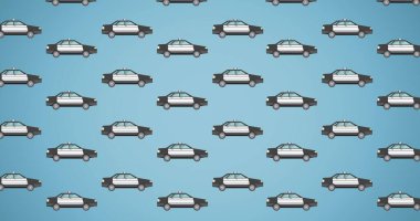 Mavi arka planda polis arabalarının tam kare görüntüsü. Ulaşım, acil yardım, kamu güvenliği cevap noktası, evrensel acil durum numarası, devriye arabası..