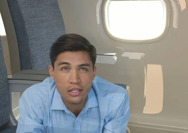 背景に飛行機の窓に対してヒスパニック系の若い男の複合画像 航空旅行と航空の概念 — ストック写真