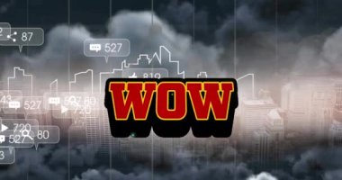 Şehir manzarası üzerinde wow metin ve medya simgelerinin animasyonu. Sosyal medya ve iletişim arayüzü kavramı dijital olarak oluşturulmuş video.