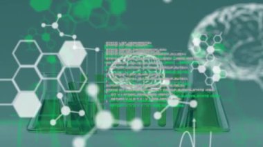 Sıvı kaplar üzerinde veri işleme ve kimyasal formüllerin animasyonu. küresel bilim, veri işleme ve dijital arayüz kavramı dijital olarak oluşturulmuş video.