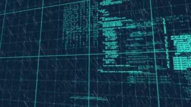 Mavi arkaplanda veri işleme animasyonu. küresel iş, finans, bağlantılar ve dijital arayüz konsepti dijital olarak oluşturulmuş video.