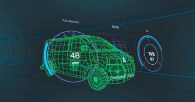 Donanma arka planındaki elektrikli minibüs projesinde hız göstergesi animasyonu. elektrikli arabalar, eko güç, sürdürülebilirlik ve teknoloji konsepti dijital olarak üretilen video.
