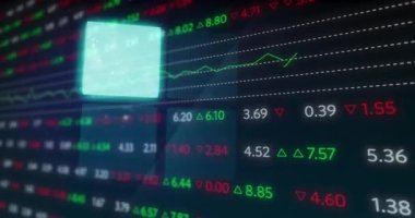 Parlayan karelerin üzerinde borsa animasyonu. küresel finansman, teknoloji ve dijital arayüz kavramı dijital olarak oluşturulmuş video.