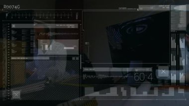 Kafkas erkek bilim adamları üzerinde veri işleme animasyonu. küresel iş, dijital arayüz ve teknoloji konsepti dijital olarak oluşturulmuş video.