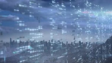 Şehir manzarası üzerinde veri işleme animasyonu. küresel bağlantılar, veri işleme ve dijital arayüz konsepti dijital olarak oluşturulmuş video.