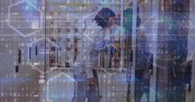 Animation of binary coding data over computer servers and tired caucasian female it engineer. global internet security, data processing and digital interface concept digitally generated video.