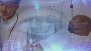 Data processing over caucasian male doctor with x-ray talking to african american male patient. Medical healthcare and technology concept