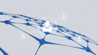 Mavi ağ üzerindeki simgelerle bağlantı ağının animasyonu. küresel bağlantılar, veri işleme ve dijital arayüz konsepti dijital olarak oluşturulmuş video.