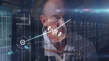 Kafkasyalı üst düzey erkek laboratuvar çalışanı üzerindeki simgelerle bağlantı ağının animasyonu. ağ, bağlantılar, bilim ve teknoloji konsepti dijital olarak oluşturulmuş video.