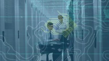 Animation of data processing over caucasian people in server room. global internet security, connections and data processing concept digitally generated video.