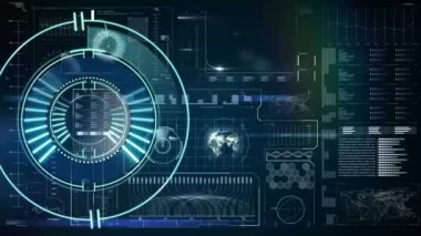 Koyu arkaplanda saatle dijital arayüzün animasyonu. küresel bağlantılar, veri işleme ve dijital arayüz konsepti dijital olarak oluşturulmuş video.