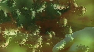 Kutsal İncil 'i tutan bir ele karşı yüzen çoklu covid-19 hücreleri. covid-19 koronavirüs salgını konsepti