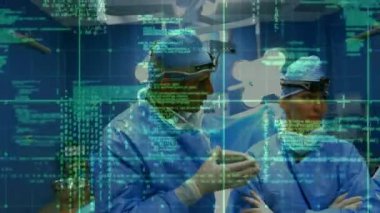 Animation of data processing over diverse male and female surgeons talking. global medicine and digital interface concept digitally generated video.