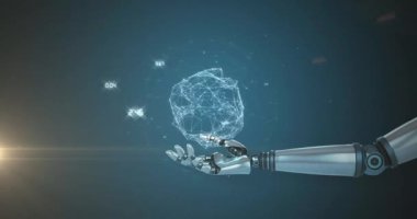 Robotik el üzerinden bağlantı ağı ile mavi arkaplanda ışık noktası ve kopyalama alanı. küresel ağ oluşturma ve gelecekteki teknoloji kavramı