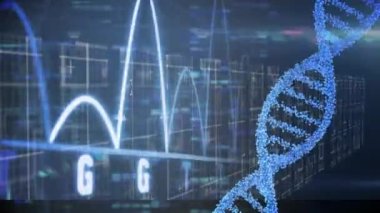 DNA iplikçiklerinin animasyonu, veri işleme ve siyah arkaplanda hareket eden kolonların üzerindeki ışık izleri. küresel teknoloji, veri işleme ve dijital arayüz kavramı dijital olarak oluşturulmuş video.