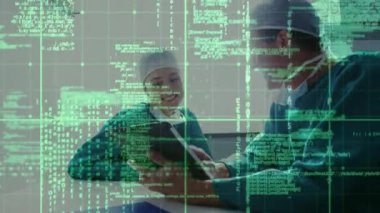 Animation of data processing over caucasian male and female surgeons talking. global medicine and digital interface concept digitally generated video.