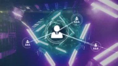 Neon geometrik şekiller üzerinden bağlantı ağının animasyonu. küresel bağlantılar, veri işleme ve dijital arayüz konsepti dijital olarak oluşturulmuş video.