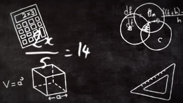 Meerdere Wiskunde Concept Iconen Wiskundige Vergelijkingen Zweven Tegen Schoolbord Achtergrond — Stockvideo