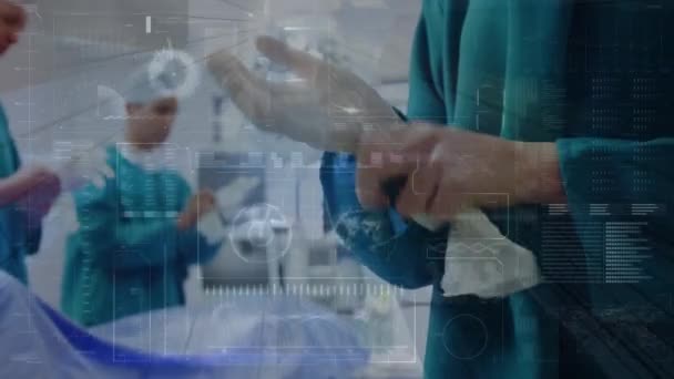 Animazione Rete Connessioni Due Chirurghi Caucasici Sala Operatoria Medicina Globale — Video Stock