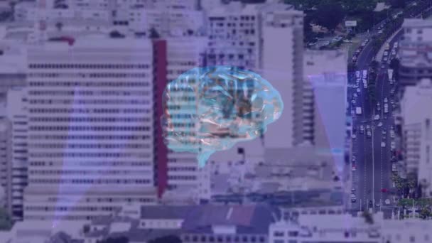 都市における人間の脳のアニメーション 世界規模の接続 データ処理 テクノロジーの概念デジタルで生成されたビデオ — ストック動画