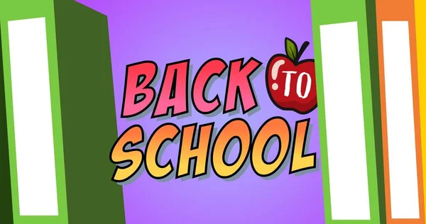 Illustration of book with back to school text and apple against violet background, copy space.