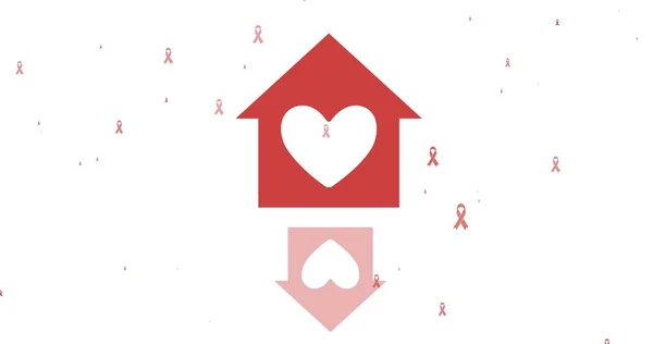 Ilustração Casa Vermelha Com Forma Coração Fitas Consciência Fundo Branco — Fotografia de Stock