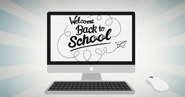 Illustration of welcome back to school text and paper plane on computer screen with mouse, keyboard.