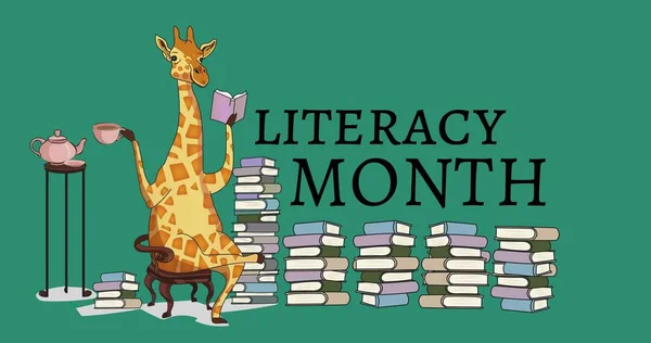 Illustration of giraffe reading book and drinking coffee on chair with books and literacy month text. Blue background, copy space, animal, stack, knowledge, reading, writing, learning and awareness.