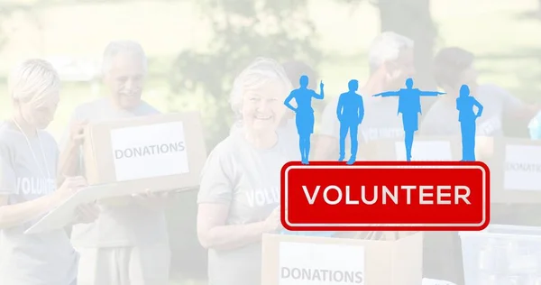 Anziani Caucasici Volontari Campo Donazione Vettori Testo Volontario Rosso Con — Foto Stock