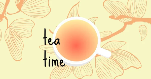 Ilustracyjny Obraz Kwiatów Tekstem Czasu Herbaty Filiżanki Herbaty Beżowym Tle — Zdjęcie stockowe
