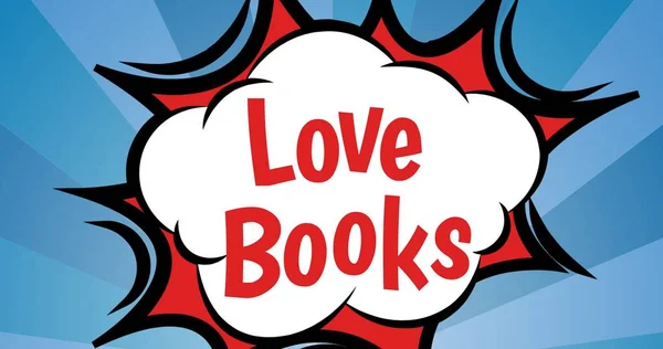 Illustration of white cloud with love books text and red pattern against blue background, copy space.