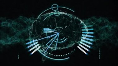 Siyah zemin üzerinde dijital beyin üzerinde tarama ve veri işleme alanının animasyonu. ışık, desen ve hareket konsepti dijital olarak oluşturulmuş video.