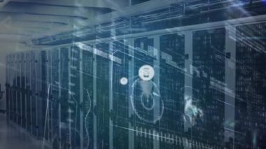 Sunucular üzerindeki simgelerle bağlantı ağının animasyonu. küresel ağ, bağlantılar ve teknoloji konsepti dijital olarak oluşturulmuş video.