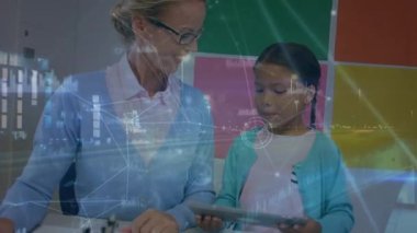 Animation of caucasian female teacher with biracial schoolgirl using tablet over data processing. global business, connections and digital interface concept digitally generated video.