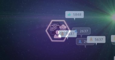 Mavi arkaplanda medya simgelerinin ve ışık izlerinin animasyonu. küresel iş, finans, bağlantılar ve dijital arayüz konsepti dijital olarak oluşturulmuş video.