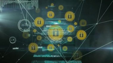 Veri işleme üzerinde bağlantı ağı ve asma kilit simgelerinin canlandırılması. küresel bağlantılar, bilim ve dijital arayüz konsepti dijital olarak oluşturulmuş video.