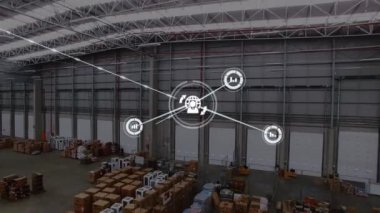 Depo üzerinden bağlantı ağının animasyonu. küresel sevkiyat, dağıtım ve bağlantılar konsepti dijital olarak oluşturulmuş video.
