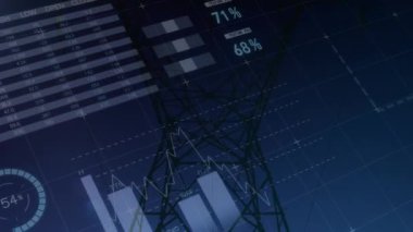 Karanlık arka planda finansal veri işleme animasyonu. küresel bağlantılar, veri işleme ve dijital arayüz konsepti dijital olarak oluşturulmuş video.