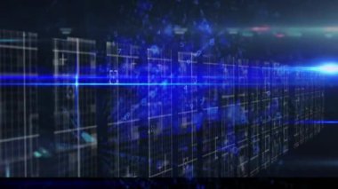 Siyah zemin üzerinde hareket eden sütunların üzerindeki veri işleme ve ışık izlerinin animasyonu. küresel teknoloji, veri işleme ve dijital arayüz kavramı dijital olarak oluşturulmuş video.