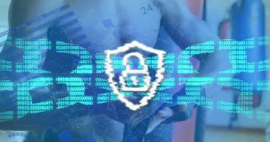 Animasyon blok zinciri ve dijital asma kilit çift ırklı adam için hazırlanıyor. Spor, finans ve iş konsepti dijital olarak oluşturulmuş video