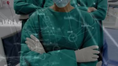 Ameliyathanede iki beyaz cerrah arasındaki bağlantı ağının animasyonu. küresel tıp, covid 19 pandemik konsept sırasında sağlık hizmetleri dijital olarak üretilen video.