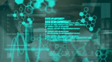 Laboratuvardaki bilim adamı üzerinde veri işleme ve kimyasal formülün animasyonu. küresel bilim, veri işleme ve dijital arayüz kavramı dijital olarak oluşturulmuş video.