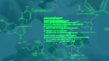 Laboratuvardaki çeşitli bilim adamları üzerinde veri işleme ve kimyasal formüllerin animasyonu. küresel bilim, veri işleme ve dijital arayüz kavramı dijital olarak oluşturulmuş video.