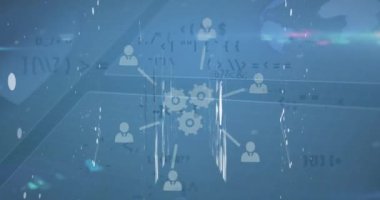 Veri işleme üzerinde iş, inşaat ve veri paylaşım simgeleriyle arayüzün animasyonu. İş, küresel iletişim ve dijital arayüz kavramı dijital olarak oluşturulmuş vide