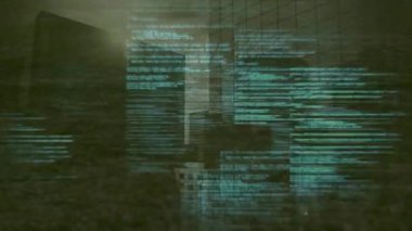 Spor sahasında erkek futbolcunun bacaklarının üzerinde veri işleme animasyonu. spor, rekabet ve teknoloji konsepti dijital olarak oluşturulmuş video.